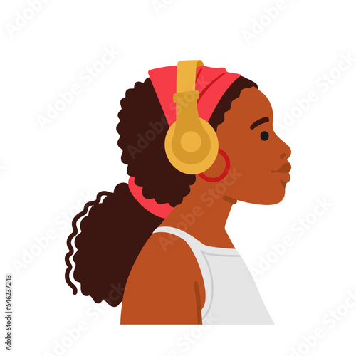 Young Stylish Black Woman Wear Headphones Listen to Music Profile View. Trendy African Female Character Teenager