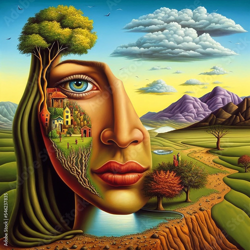 Surrealistic Face Landscape, Nature landscape in a human face, Surreal Painting, World inside human head, Woman Portrait photo