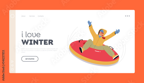 Tubing Winter Holidays Extreme Landing Page Template. Happy Girl Sliding on Snow Tube, Active Female Character Fun