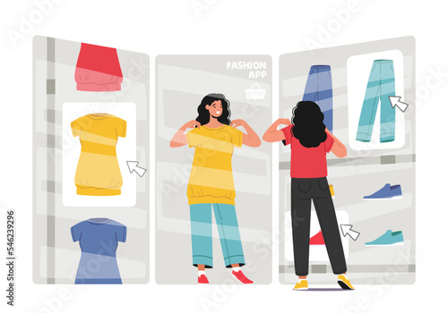 New Fashion Technologies, Internet Store, Online Shopping Concept. Woman Trying On Clothes In Virtual Fitting Room