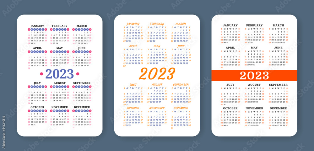 Calendar 2023 year set. English vector set. Vertical wall or pocket calender template. Design collection. Week starts on Sunday Calendar 2023 year set. English vector set. Vertical wall or pocket calender template. Design collection. Week starts on Sunday