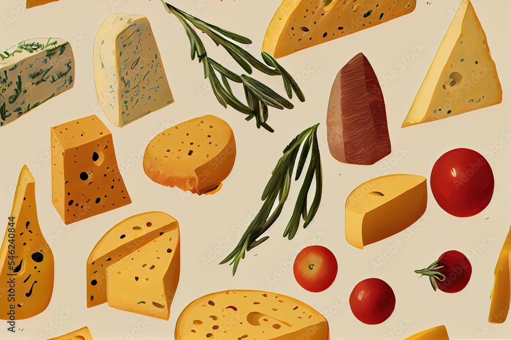 background with food, graphic drawing, sketches of cheese, sprig of rosemary, Generative AI