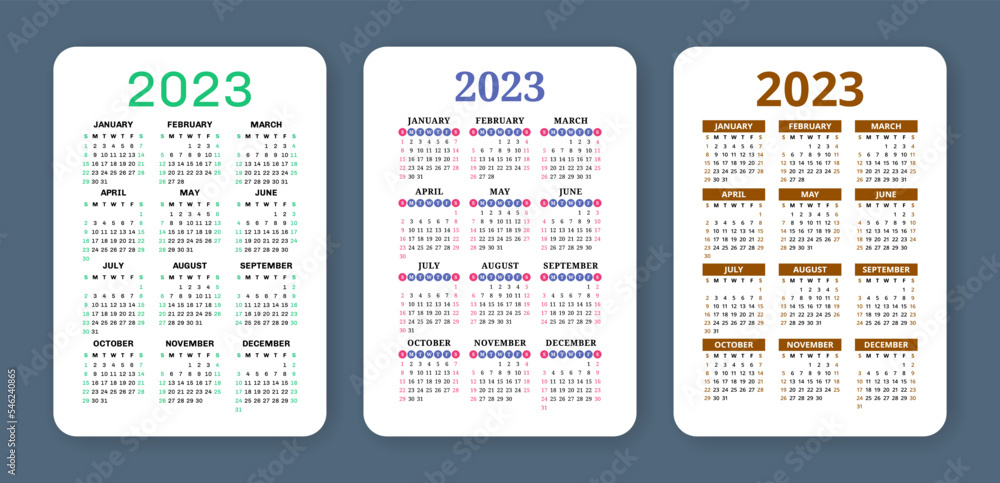 Calendar 2023 year set. English vector set. Vertical wall or pocket calender template. Design collection. Week starts on Sunday Calendar 2023 year set. English vector set. Vertical wall or pocket calender template. Design collection. Week starts on Sunday