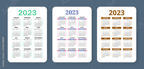 Calendar 2023 year set. English vector set. Vertical wall or pocket calender template. Design collection. Week starts on Sunday