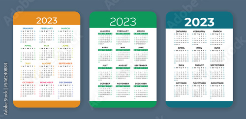 Calendar 2023 year set. English vector set. Vertical wall or pocket calender template. Design collection. Week starts on Sunday