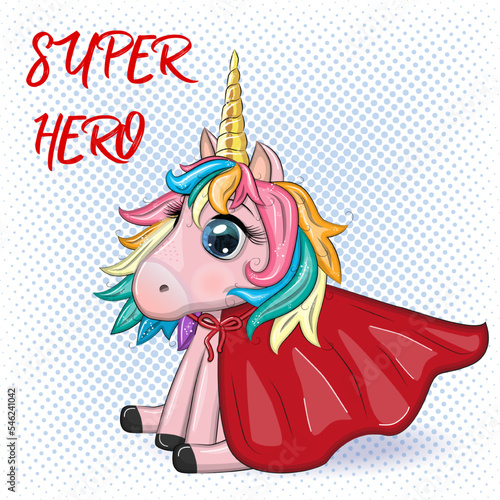 Cute unicorn character with cloak as super hero. Cartoon design illustration isolated
