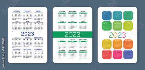 Calendar 2023 year set. English vector set. Vertical wall or pocket calender template. Design collection. Week starts on Sunday