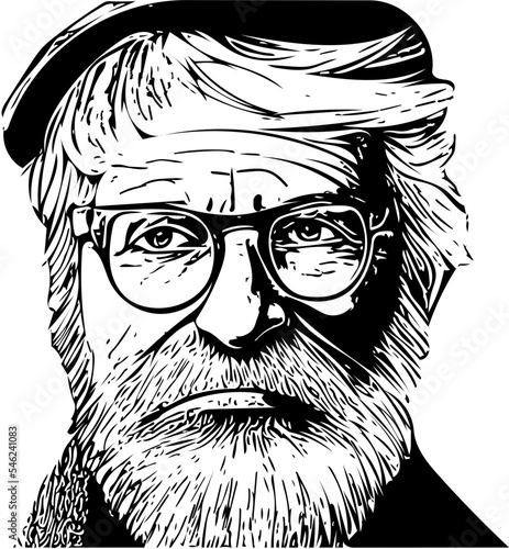 Senior man with a full beard and glasses looks thoughtful.  Outline for coloring. Vector Illustration. 