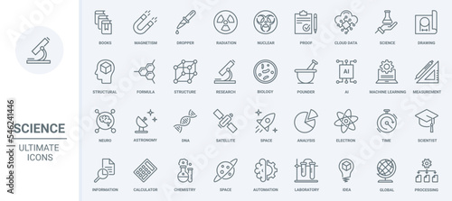 Science technology thin line icons set vector illustration. Outline biology and chemistry laboratory research, AI and machine learning, astronomy and space, data structure analysis of scientist