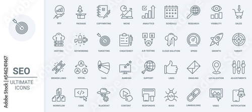SEO, business technology thin line icons set vector illustration. Outline social media analytics and internet network, mobile app symbols, copywriting and niche research, likes for content and links