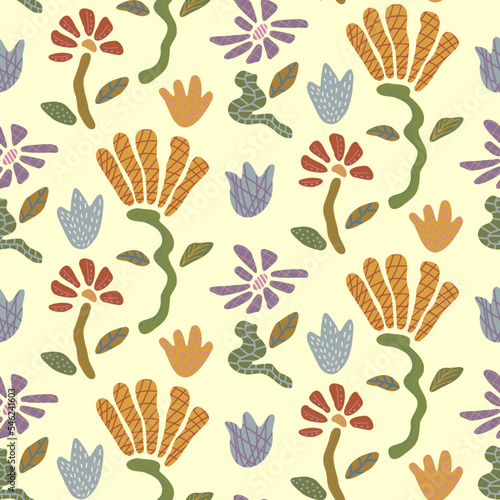 Retro hand drawn  seamless pattern with groovy flower. 60s -70s style . floral background. Template for fashion prints