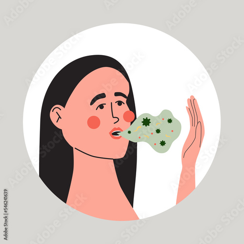 Woman with bad smelling breath. Halitosis oral health problem. Flat vector medical illustration