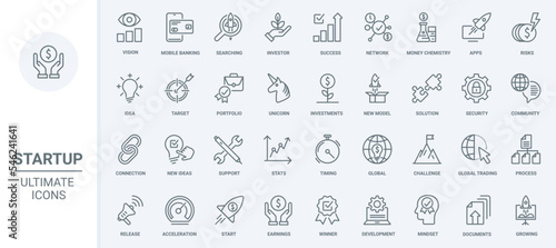 Startup technology thin line icons set vector illustration. Outline success ideas and finance project development, vision and solution for trading, statistics graph growth, banking security support