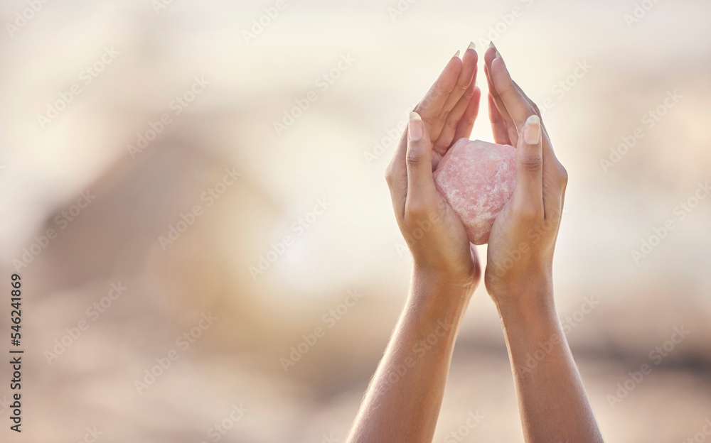 Woman, crystal hands and zen outdoor in nature for healing wellness, mindfulness or peace with spirit rock. Rose quartz, energy stone or calm spiritual meditation for growth, health or relax for girl - obrazy, fototapety, plakaty 