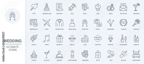Wedding thin line icons set vector illustration. Outline rings and jewelry gift of love and marriage, cake cocktails and champagne for banquet, envelope with invitation, music and fireworks symbols
