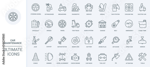 Maintenance and repair car service, auto shop thin line icons set vector illustration. Outline mechanic tools and equipment for automotive diagnostics in garage, tech machine parts and engine