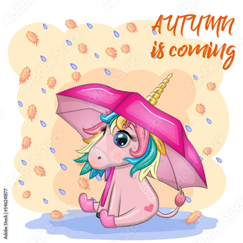 Cute unicorn with an umbrella, it's raining, yellow leaves and the inscription Autumn is coming.