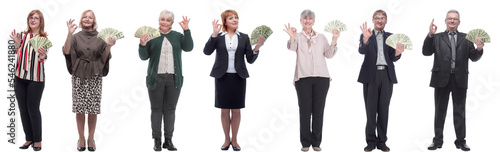 group of successful people holding money in hand isolated