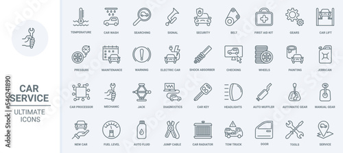Car service thin line icons set vector illustration. Outline scheduled diagnostics of vehicle and auto repair tools, pictogram of automotive parts, automatic and manual transmission, wheel and tires