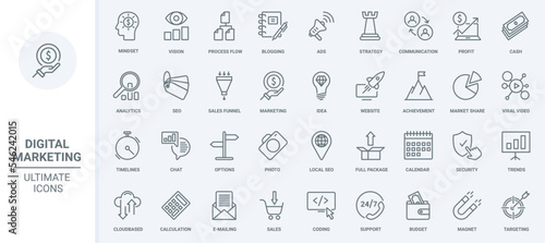 Digital marketing strategy and business vision thin line icons set vector illustration. Outline internet network advertising with megaphone and viral video, blog analytics, security and sales funnel