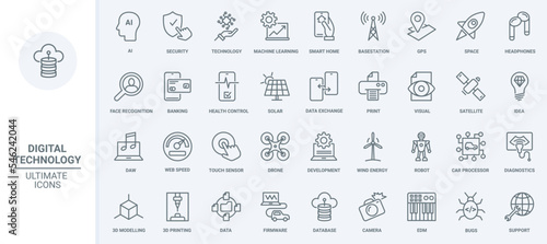 Digital technology, internet communication, machine development and learning thin line icons set vector illustration. Outline 3d model printing, apps for health control, recognition and diagnostics