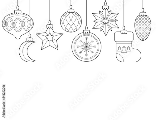 Christmas tree toys. New year. Christmas. Coloring. Black and white vector illustration.