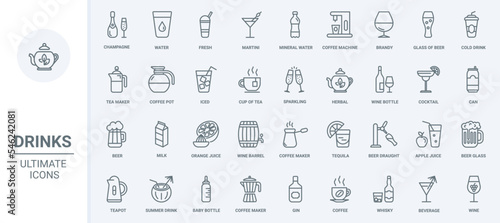 Drinks thin line icons set vector illustration. Outline beverage menu collection with cold fresh water, alcohol cocktails or juice and hot drinks, champagne and wine glasses, coffee and tea maker
