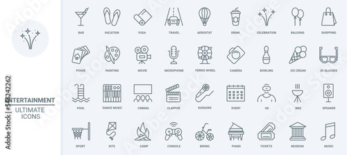 Fun party events, travel vacation and leisure thin line icons set vector illustration. Outline microphone for karaoke and fireworks, happy barbecue picnic and cinema movie, entertainment symbols
