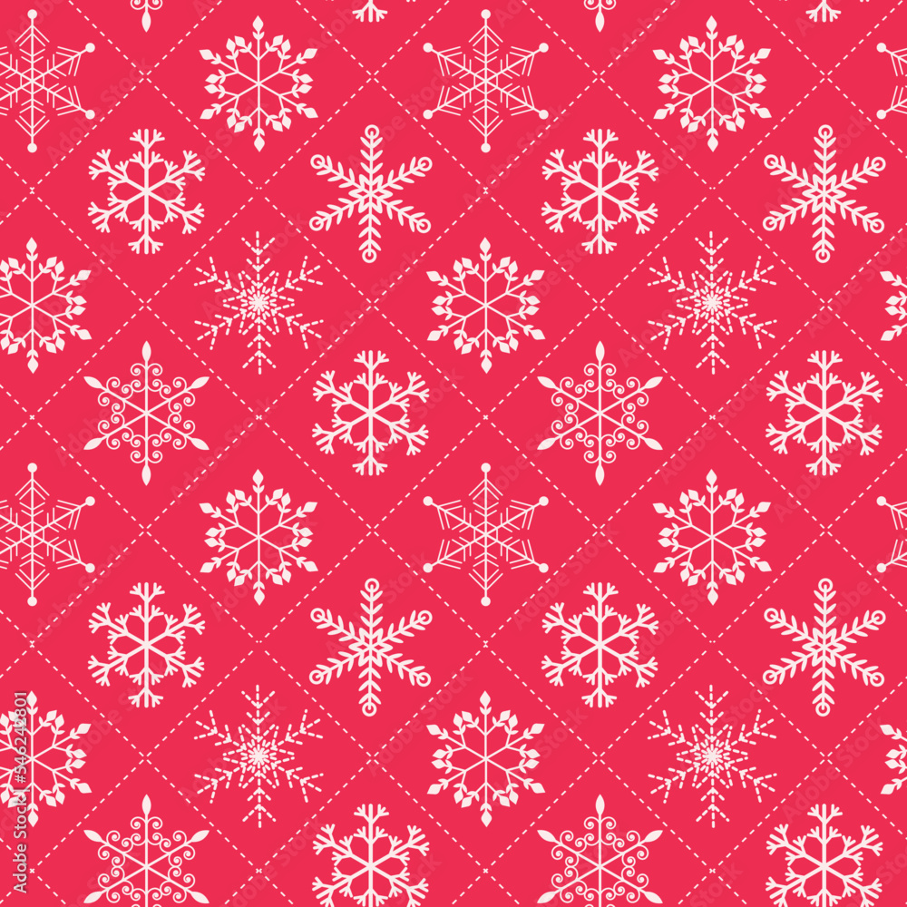 Christmas Snowflakes seamless pattern placed in argyle shapes over red background. For home décor, wrapping paper and fabric 