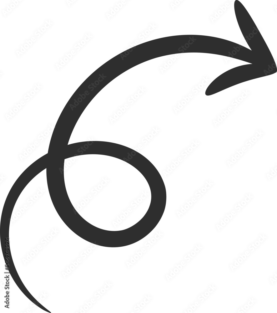 Sketchy drawing arrow vector illustration. White twisted and curled hand drawn arrow, spiral and curved doodle pointer isolated on black background for hand drawn infographic design Sketchy drawing arrow vector illustration. White twisted and curled hand drawn arrow, spiral and curved doodle pointer isolated on black background for hand drawn infographic design