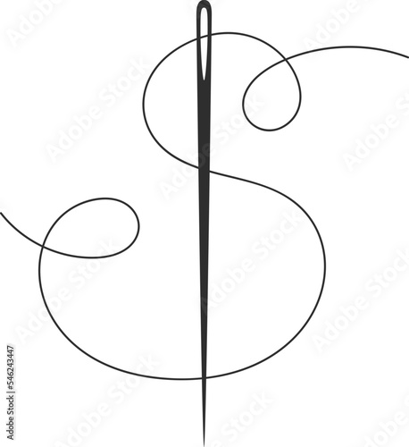 Needle and thread silhouette icon vector illustration. Tailor logo with needle symbol and curvy thread isolated on white background. Tailor sign template, sewing instrument design, fashion icon