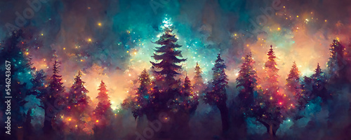 Illustration of Christmas trees at night as panorama background header