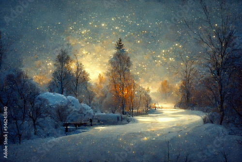 Illustration of a winter landscape covered in snow with glowing light