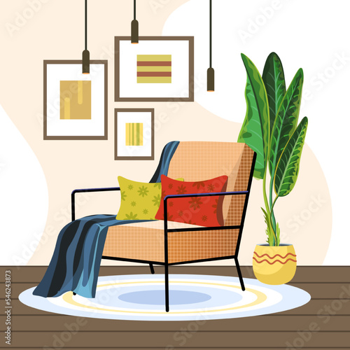 Illustration of cute minimalistic interior with  modern armchair, flower in pot and paintings. Vector illustration.