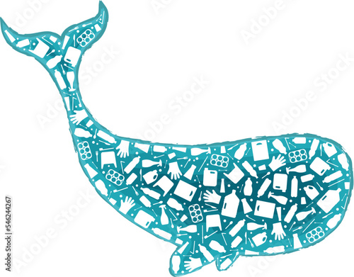 Whale plastic waste ocean environment problem concept vector llustration. Marine animal silhouette filled with plastic garbage flat icons. Microplastic pollution problem, single use plastic crisis.