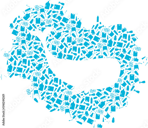Whale plastic trash planet pollution concept vector illustration. Ocean animal outline cut in plastic waste flat icon patch. Environmental protection concept, microplastic pollution problem graphic.
