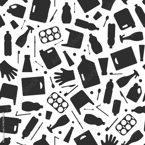 Plastic waste, ocean pollution seamless pattern vector illustration. Eco problem water pollution trash symbol seamless background. Earth day wallpaiper with single use plastic garbage outline icons