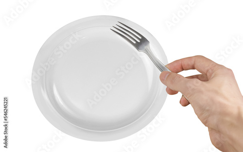 hand holding fork above the white ceramic plate, isolated