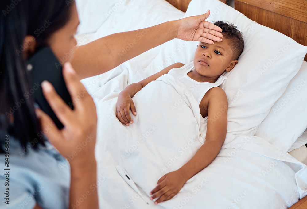 Fototapeta premium Phone call, healthcare and mother with child in bedroom check for fever for virus, first aid and care. Worry, medical and sick with mom hand on kid forehead in family home for flu, illness or disease