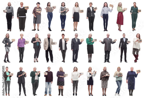 group of happy people with gifts in their hands isolated