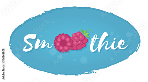 Isolated raspberry blue label smoothie fruit shake vector illustration. Hand drawn sign Smoothie on blue background in white frame on smoothies drink cocktail sticker for shop decoration design