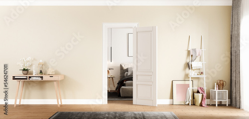 Modern interior of living room with door, Console Table, Photo Frame 3d rendering