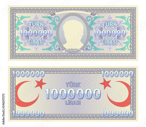 Vector game banknotes of Turkey. In Turkish, it means one million Turkish lira and Mustafa Kemal Ataturk. Obverse and reverse. The nominal value is 1 000 000
