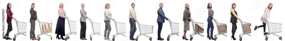 group of people with cart looking at camera isolated group of people with cart looking at camera isolated