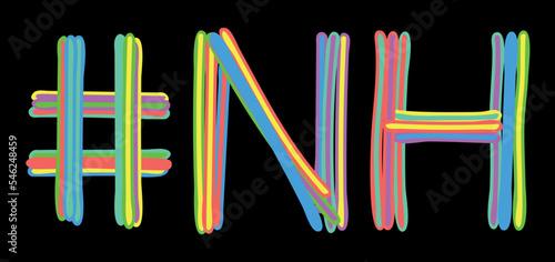 NH Hashtag. Multicolored bright isolate curves doodle letters like from marker, oil paint. #NH is abbreviation for the USA state New Hampshire for social network, web resources, mobile apps.