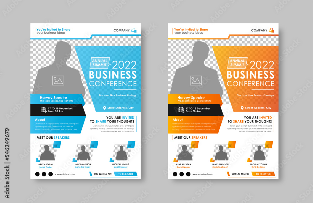  Business conference live meeting & event flyer template. Corporate invitation business workshop & abstract seminar promotion poster design. Leaflet, modern layout, pamphlet, vector flyer in A4.