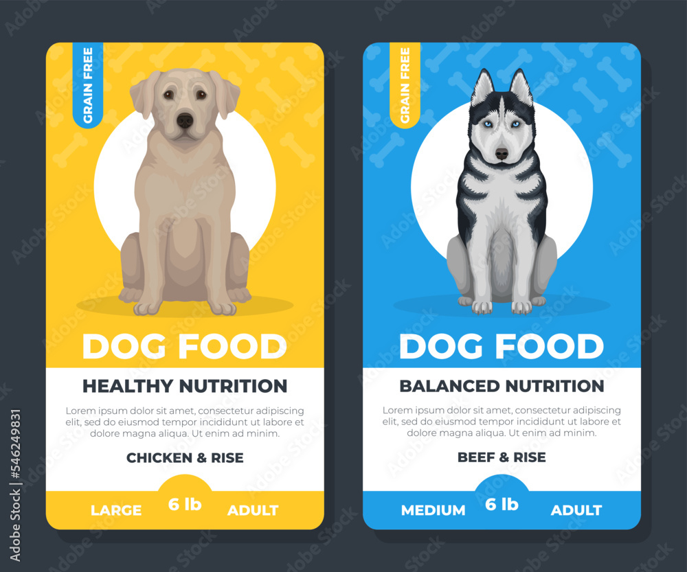Dog food label templates set. Advertising or packaging design layout