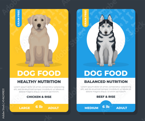 Dog food label templates set. Advertising or packaging design layout vector