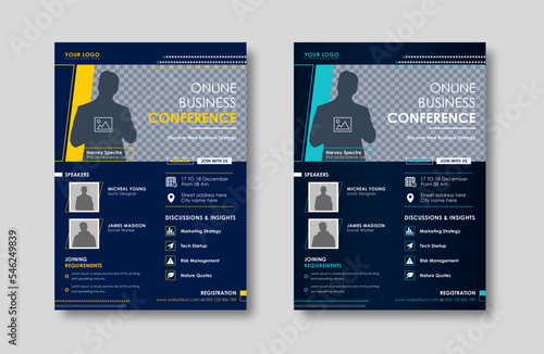  Business conference live meeting & event flyer template. Corporate invitation business workshop & abstract seminar promotion poster design. Leaflet, modern layout, pamphlet, vector flyer in A4.