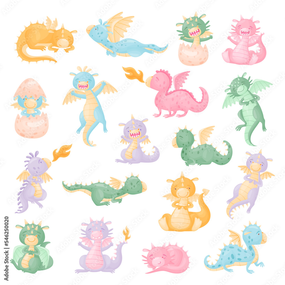 Cute Little Baby Dragons with Wings and Tail as Fairytale Character Big Vector Set Cute Little Baby Dragons with Wings and Tail as Fairytale Character Big Vector Set